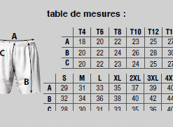 Guide de tailles short sublimé enfant