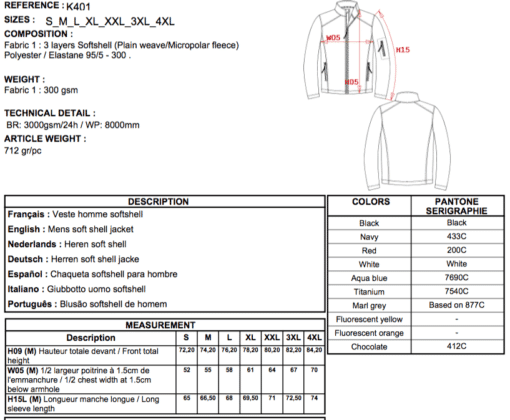 Fiche softshell homme sans capuche