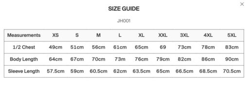Guide des tailles JH001