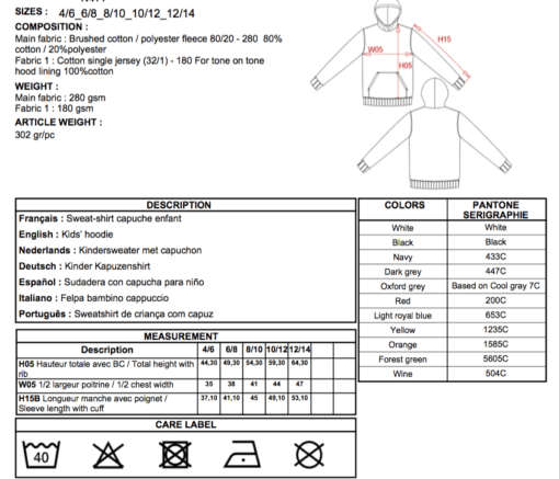 Sweat shirt enfants fiche technique