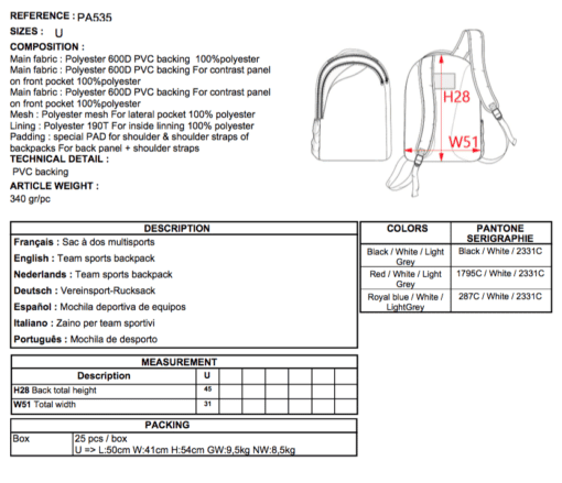 Sac a dos fiche technique