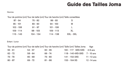 Guide de tailles Joma