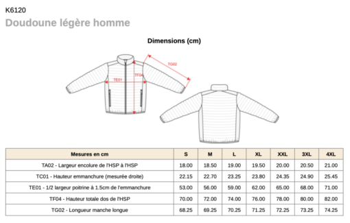 Guide des tailles Doudoune K6120