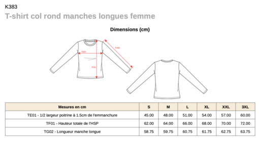 Guide des tailles t-shirts manches longues K383