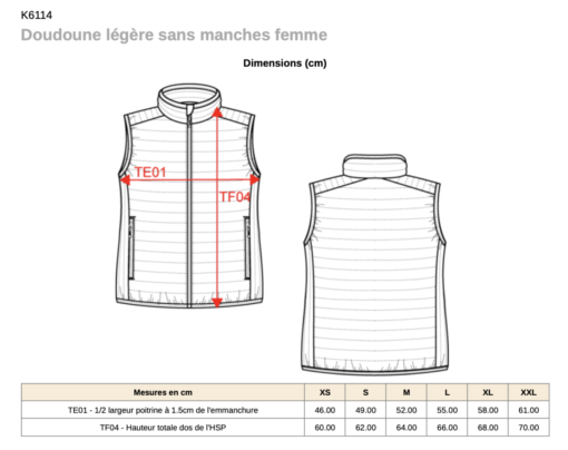 Guide de tailles doudoune dans manches K6114