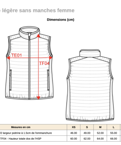 Guide de tailles doudounes sans manches K6114