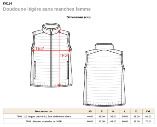 Guide de tailles doudounes sans manches K6114