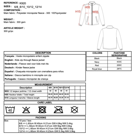 fiche technique veste micropolaire zippée enfant
