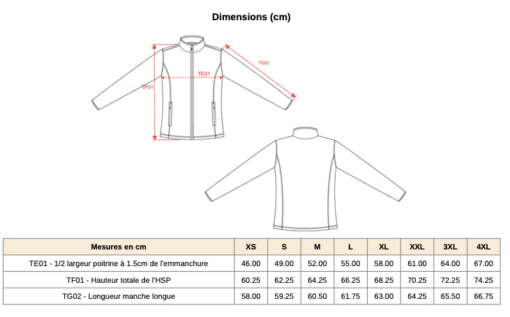 Mesures veste micropolaire femme