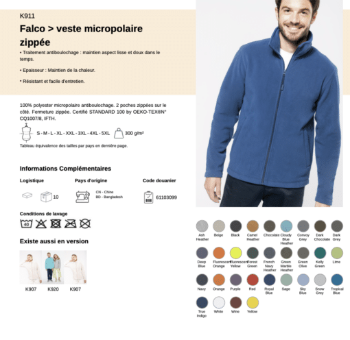 FIche technique Veste micropolaire zippée homme Asnières Hockey sur Gazon