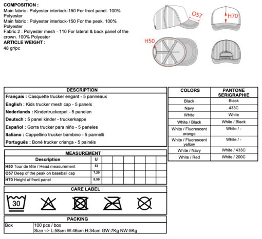 Fiche technique casquette trucker enfant Asnières Hockey sur Gazon