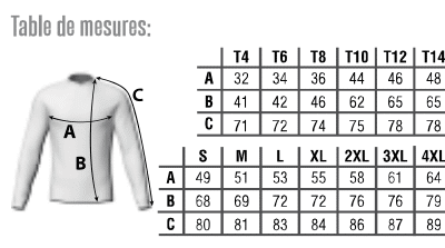 Tableau des tailles t-shirt manches longues Lannion Athletisme