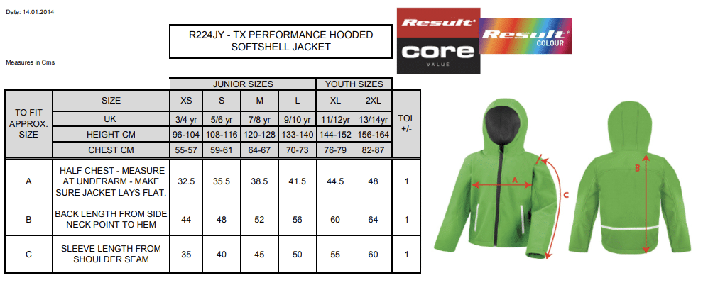 Guide de tailles softshell RC AVUSY Enfant